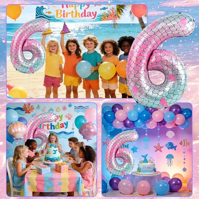 40 Inch Mermaid Number 6 Balloon, Sea Themed Birthday Decorations - Image 7