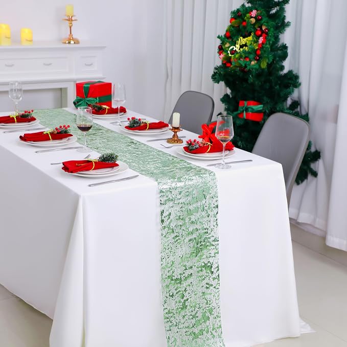 Snowkingdom Sage Green Table Runner, Sequin Glitter Foil Metallic Sage Green - Image 7