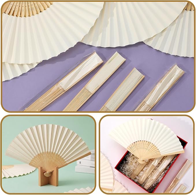 Qunclay 60 Pcs White Paper Hand Fans Bulk Bamboo Folding Handheld Wedding Fans - Image 7