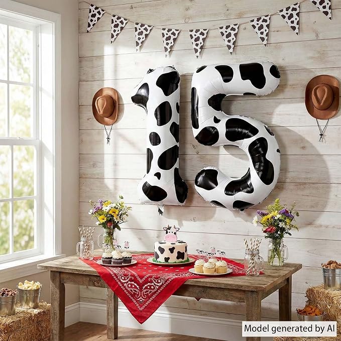 40 Inch Cow Print Number 15 Balloon Set, Giant Black and White Foil 1 and 5 - Image 3