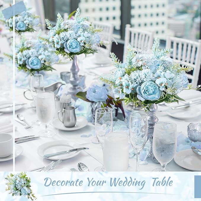 Zeyune 8 Pcs Wedding Silk Flowers Fake Silk Flowers Faux Bouquet Hydrangea Bouquets for Wedding Birthday Party Table Centerpieces Home Decoration(Blue,Peony)