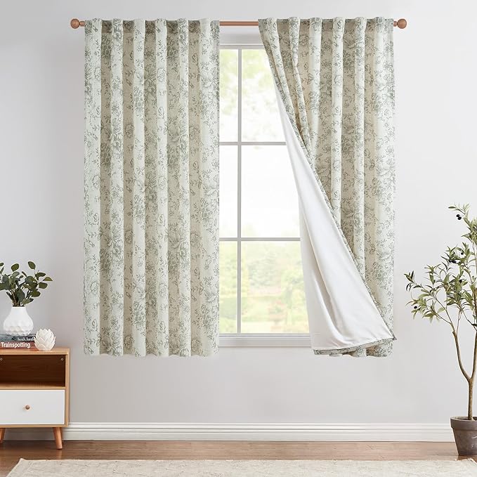jinchan Green Floral Linen Curtains Lined 63 Inch Vintage Back Tab 2 Panels | by JINCHAN