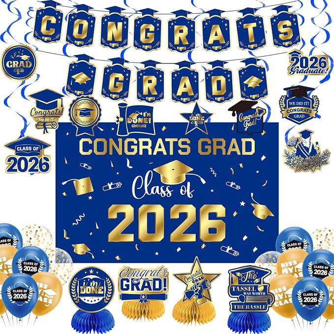 Graduation Decorations 2026 Blue Gold Themed Set by Zerunyiw