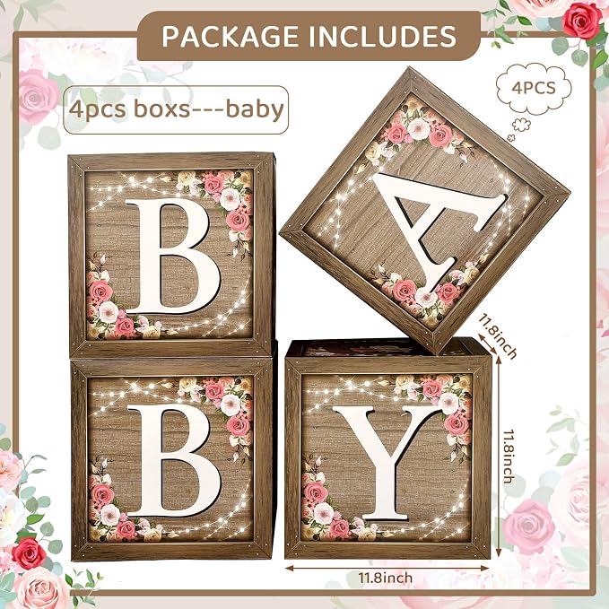 Epakh Baby Boxes with Letters for Baby Shower, Rustic Floral Brown Blocks Bear - Image 2