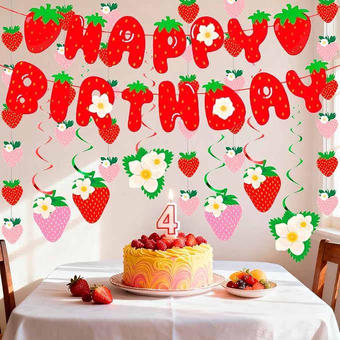 MEETINGU Strawberry Happy Birthday Banner, Strawberry Set Strawberry Themed - Image 5