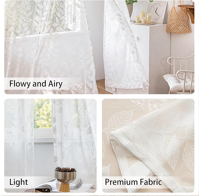 Treatmentex White Lace Sheer Curtains 63inch Vintage Leaf Knitted Window - Image 8