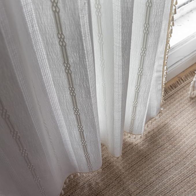Boho Curtains for Bedroom Embroidery Striped Farmhouse Curtains 63 Inch Length - Image 7