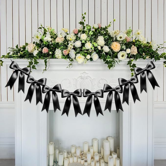 1 String of 8PCS Black Bow Garland Banner Decoration, Pre-Strung Satin Ribbon - Image 7