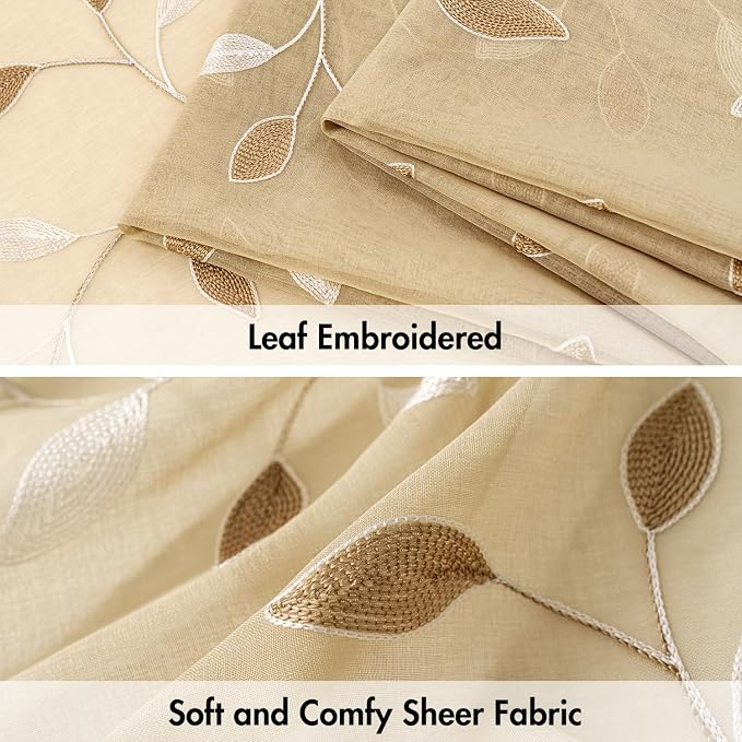 MIULEE Beige Sheer Curtains 2 Panels Leaf Patterned, W30 x L30 | Embroidered - Image 4