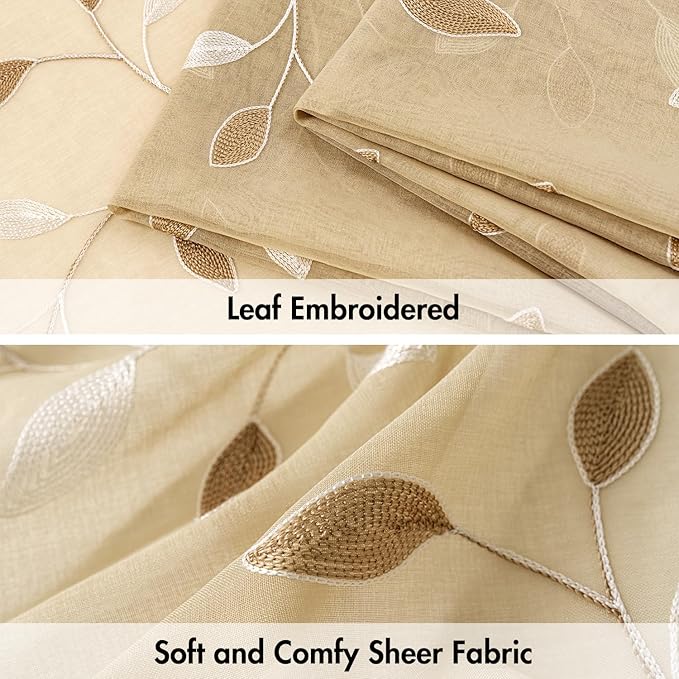 MIULEE Beige Sheer Curtains 2 Panels Embroidered Leaf Patterned, W30 x L24 | - Image 4