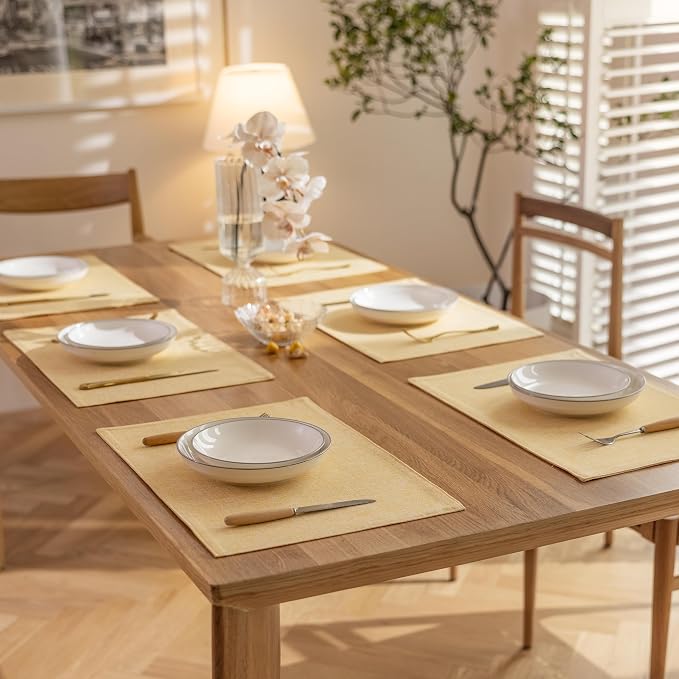 Demetex Placemats Set of 6 Yellow Linen Table Mats Heat Resistant Cloth Place - Image 7