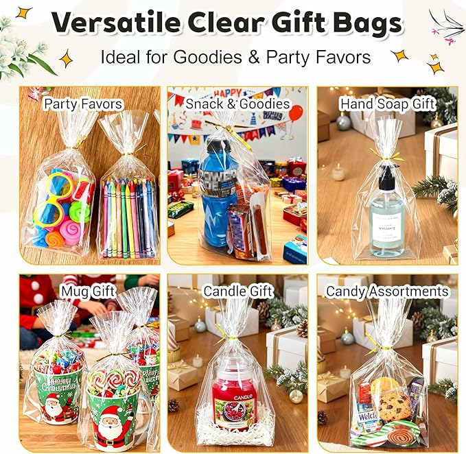 PigPotParty Cellophane Bags 8"x11", 100 Pack Clear Gift Bags, 3.15" Bottom Gusset for Stand-Up Display, Plastic Cellophane Gift Wrap, Ideal for Mugs, Goodies, Treats, Party Favors, Includes Gold Ties