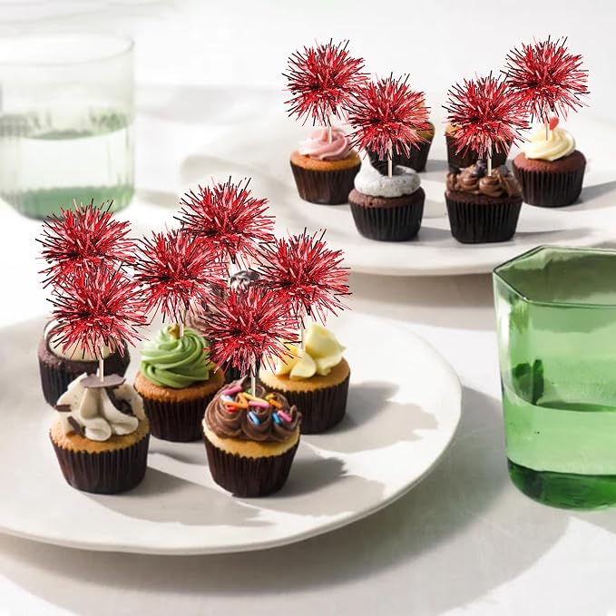 40 PCS Foil Firework Cupcake Toppers Sparkle Tinsel Cupcakae Picks Sparkler - Image 6