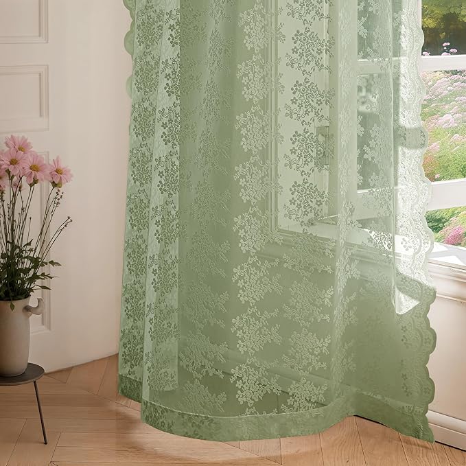 Anmao Vintage Sage Green Lace Curtains 120 Inches Long 2 Panels, Romantic Light - Image 7