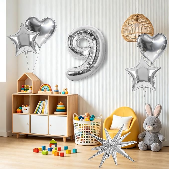 TONIFUL 9th Birthday Balloons Kit 40Inch Silver Large Number 9 Foil Balloon | - Image 4