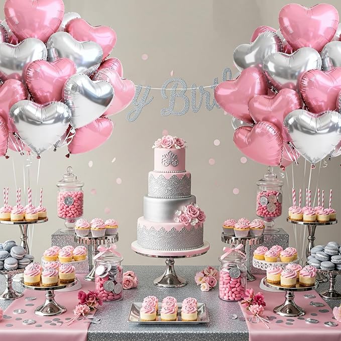 TONIFUL 30 Pcs Pink Silver Heart Balloons 18 Inch Heart Shape Foil Balloon | - Image 6