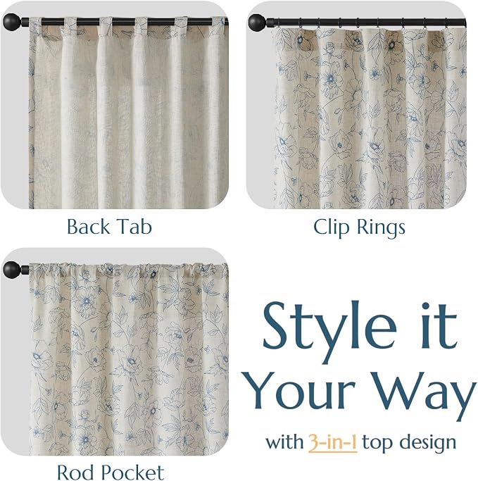 jinchan Floral Linen Curtains for Living Room 63 Inch Length Blue Flower - Image 5