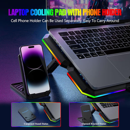 Laptop Cooling Pad, Gaming Laptop Cooler with 10 Quiet Fans, Height Adjustable Laptop Cooling Stand for 12"-17" Laptops, RGB Lights with Laptop Fan with 2 USB Port and Phone Stand