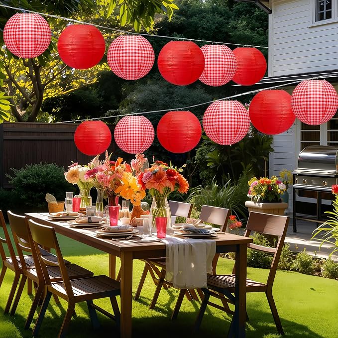 Honoson 12 Pcs Red Gingham Paper Lanterns Picnic Party Decoration 10 Inch - Image 3