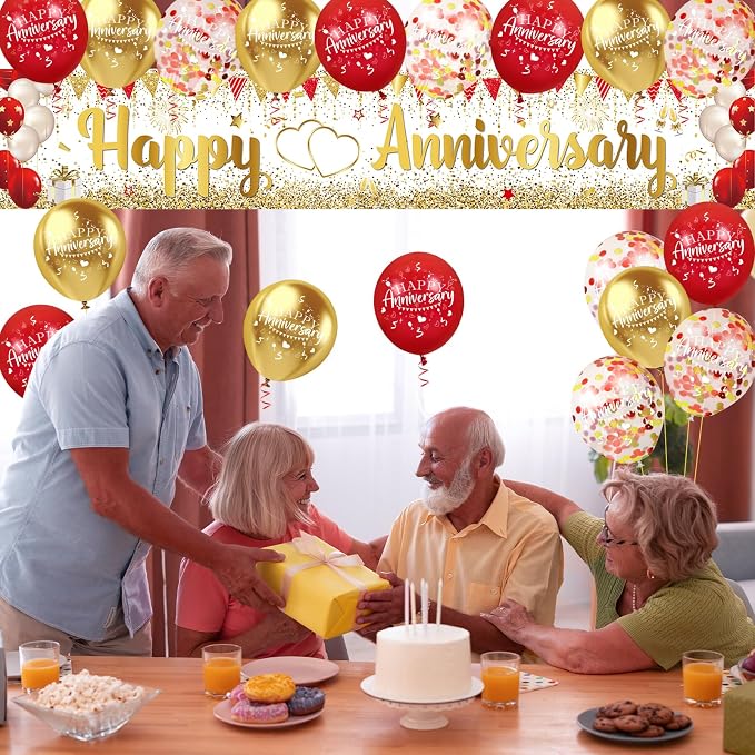 Red Gold Happy Anniversary Banner & Yard Sign - Image 2