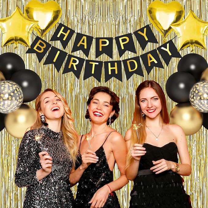 Black Gold Birthday Decorations, Hanging Swirls, Cake Toppers - Image 3