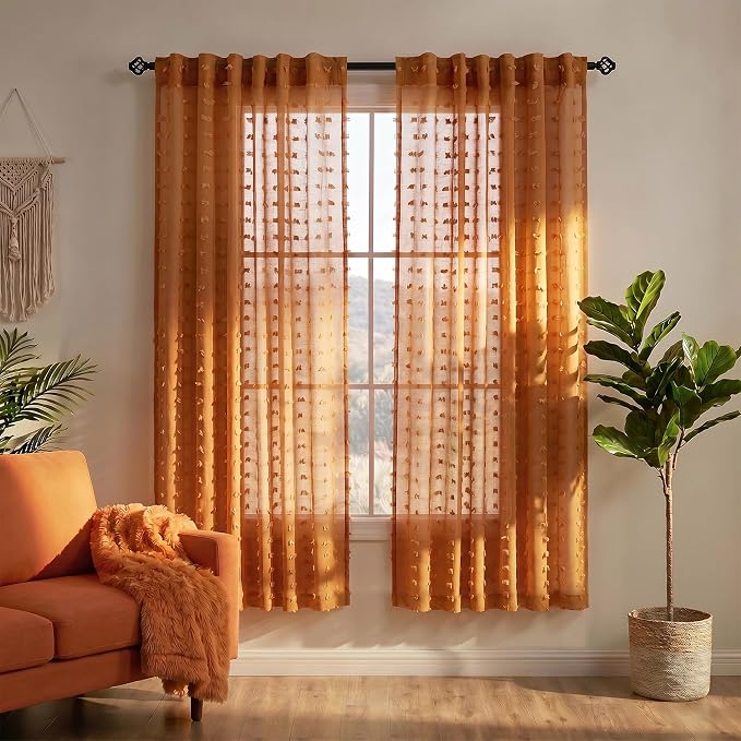 KOUFALL Burnt Orange Back Tab Rod Pocket Pom Pom Sheer Curtains by KOUFALL