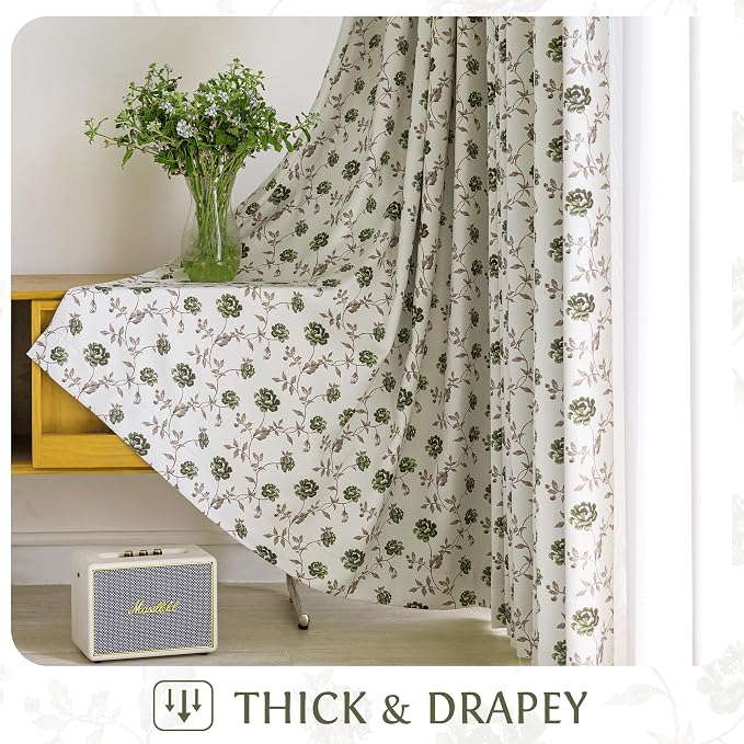 Beauoop Floral 100% Blackout Curtains Bedroom Green Brown 52x96 2 Panels | Rose - Image 8