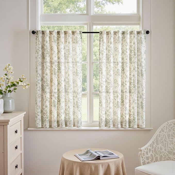jinchan Green Floral Linen Curtains 45 Inch Vintage Back Tab 2 Panels | Light by JINCHAN