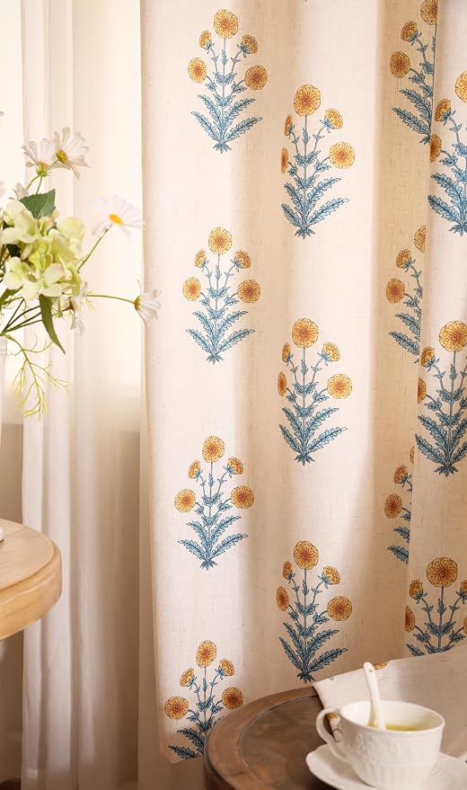 Designer Vintage Linen Printed Curtain, 2 Panels, Pale Yellow Floral Pattern - Image 8