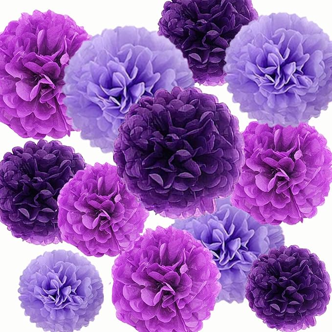 12Pcs Purple Hanging Tissue Paper Pom Poms, Pompoms Flowers by SIPRKAICT