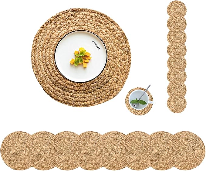 Round Placemats Set of 8 with 8 Coasters Natural Water Hyacinth Woven Placemats by CYSISTERS