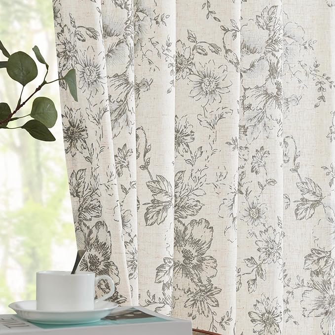 jinchan Grey Floral Linen Curtains 90 Inch Vintage Back Tab 2 Panels | Light by JINCHAN