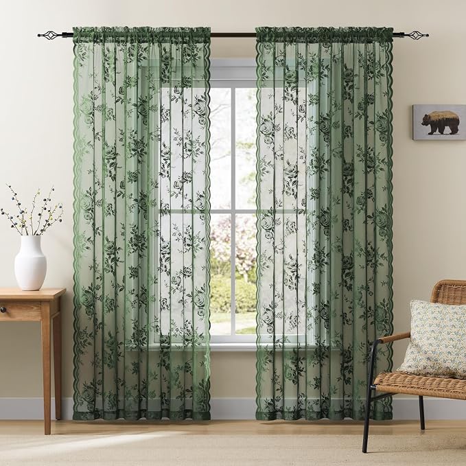 Dark Green Lace Curtains 80 Inches Long Victorian Floral Sheer Curtains - Image 2