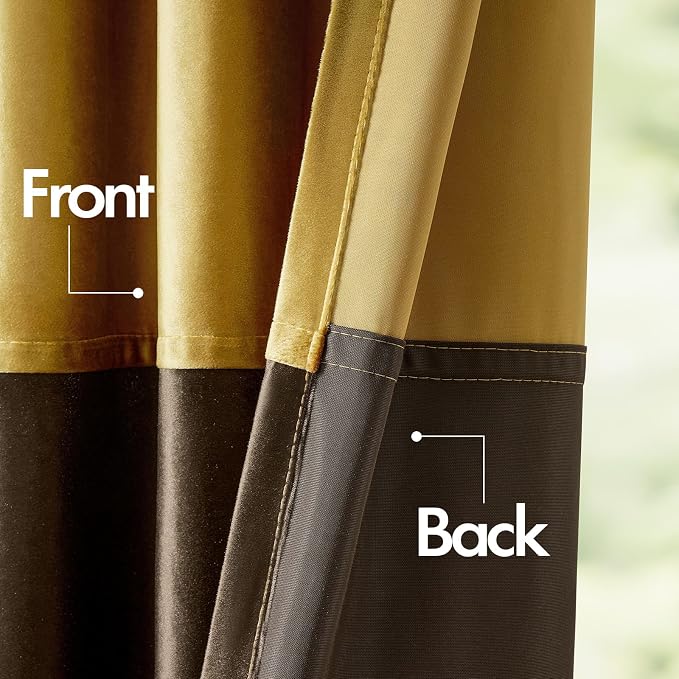 Brown Gold Velvet Blackout Curtains Luxury Decor 72 inches, Color Block | - Image 4