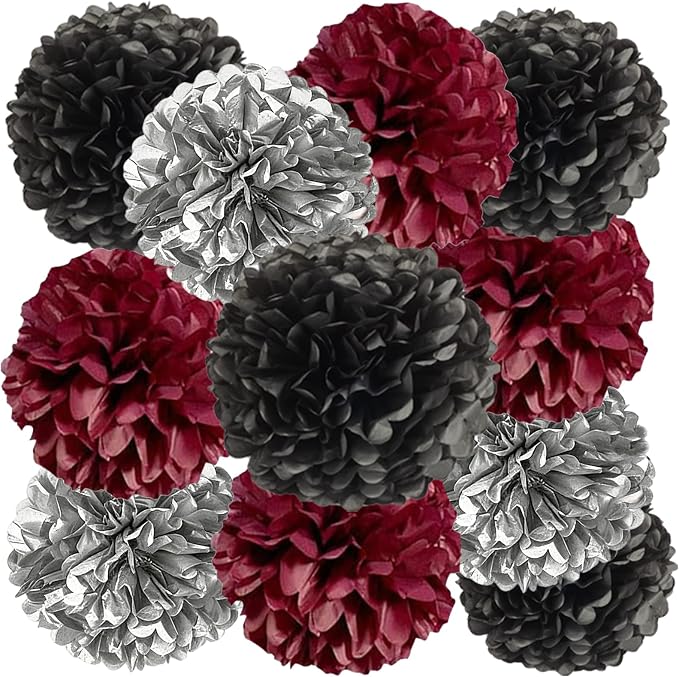 Black Burgundy and Silver Paper Pom Poms by We+Moment