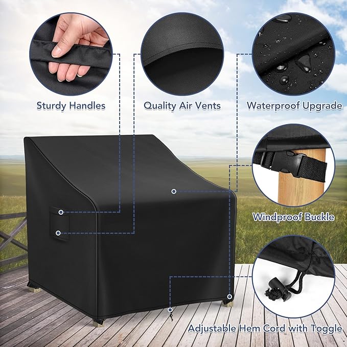 Patio Furniture Covers Waterproof for Chairs, Lawn Outdoor Chair Covers 2 Pack, Patio Chair Covers for Outdoor Furniture Fits up to 30W x 37D x 31H inches, Black