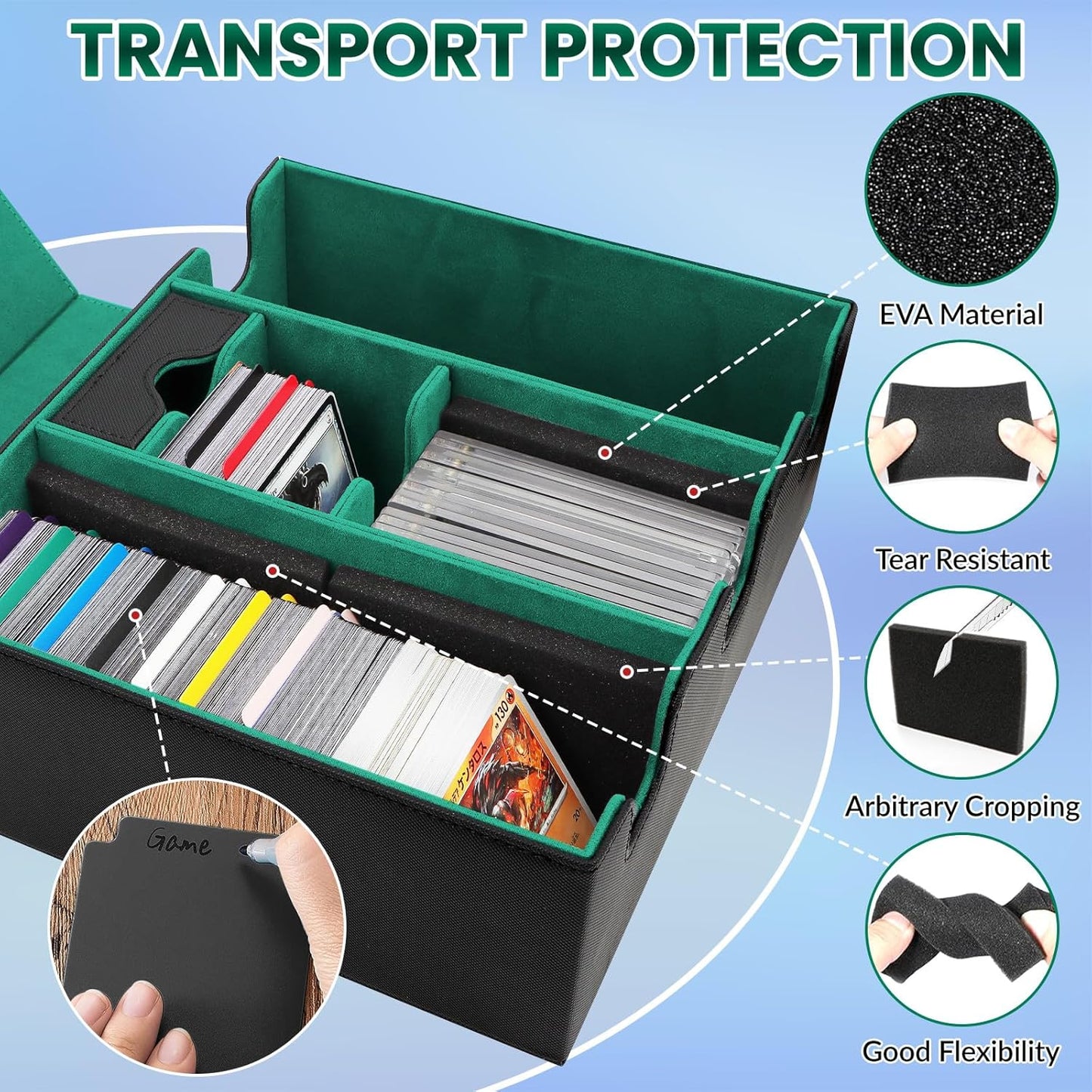 Leather Magnetic Card Storage Box for Trading Cards, Holds 5 MTG Deck Boxes, with 13 Dividers & Dice Tray