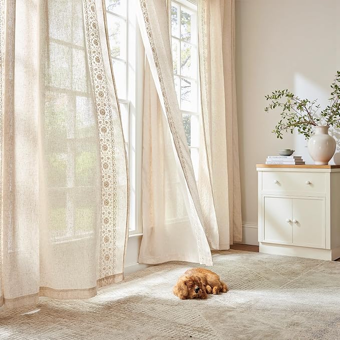 jinchan Floral Linen Curtains Embroidered Back Tab 50x63in 4 Panels Ivory | - Image 2