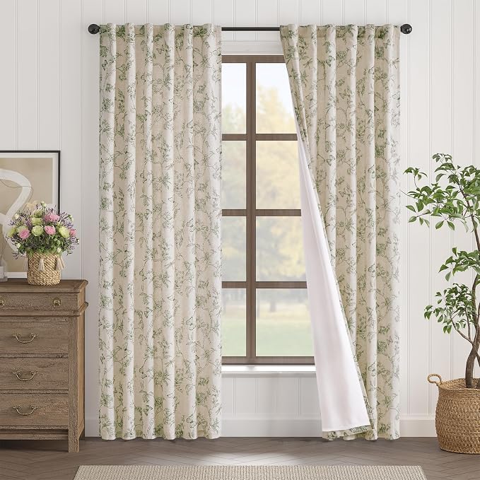 Green Floral Linen Lined Curtains Rod Pocket 50W X 84L 2 Panels | Charlotte - Image 2