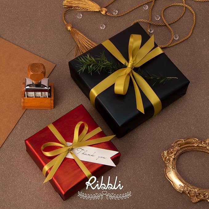 Ribbli Gold Satin Ribbon Double Faced Satin 1/2 Inch x Continuous 100 Yards-Gold Ribbon for Gift Wrapping Crafts Wedding Decoration Bows Bouquet Floral Arrangement