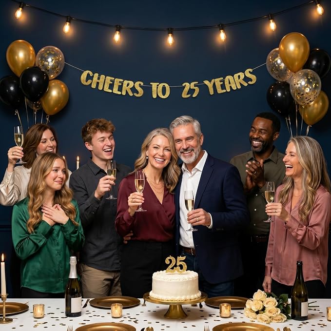 Pre-Strung Cheers to 25 Years Gold Glitter Banner - Image 7
