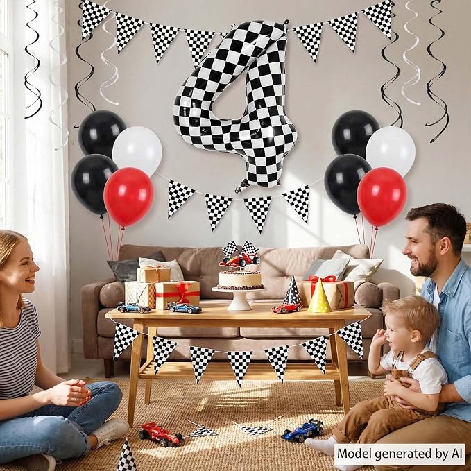 40 Inch Checkered Number 4 Balloon, Large Foil Black and White Number Balloons - Image 2