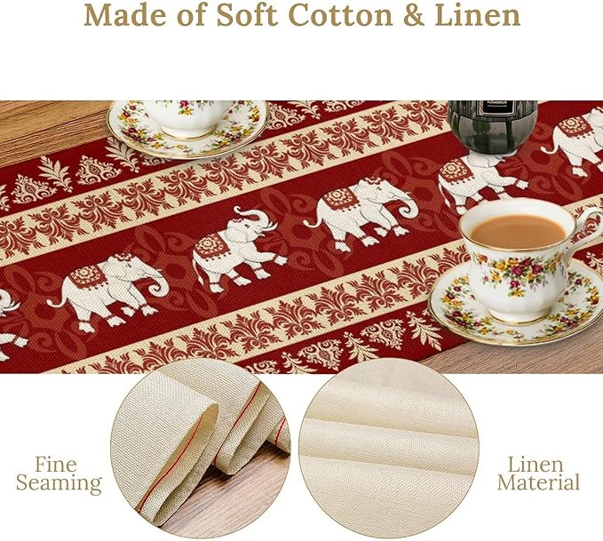 Boho Elephant Table Runner, Vintage Tribal Traditional African Animals Ethnic Folk Red Table Center Decor for Home Kitchen Dining Patio Holiday Party Indoor Outdoor Table Decorations, 13"x108" Inch