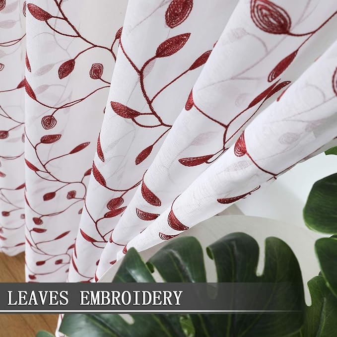 Tollpiz Leaves Short Sheer Curtains Burgundy Red Leaf Embroidery Living Room - Image 3