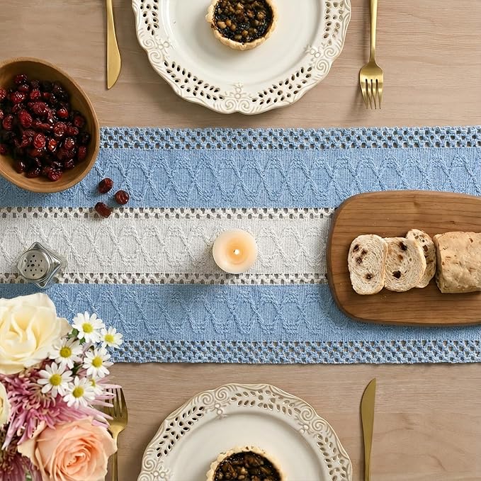 Artoid Mode Sky Blue Farmhouse Woven Table Runner 12x108 Inch | Holiday Rustic - Image 4