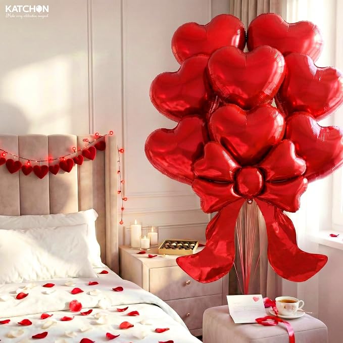 KatchOn Red Heart & Bow Foil Balloons Set, Heart Shaped Balloons Red Bow - Image 4