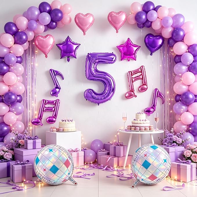 TONIFUL Girl‘s Purple Pink Music Themed 5th Birthday Decorations | 40 Inch - Image 5