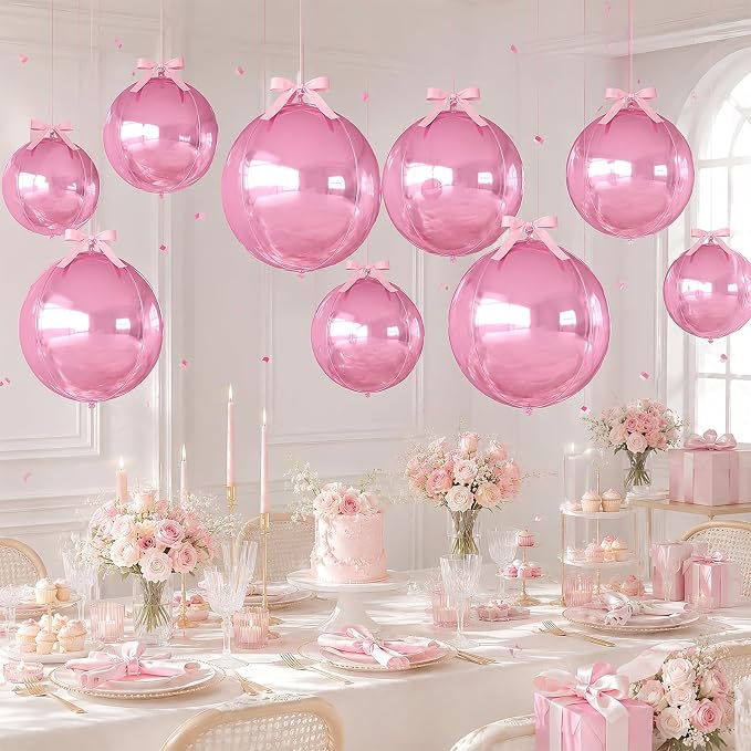Pink Round Foil Balloons with Satin Bows Ribbon - Image 4