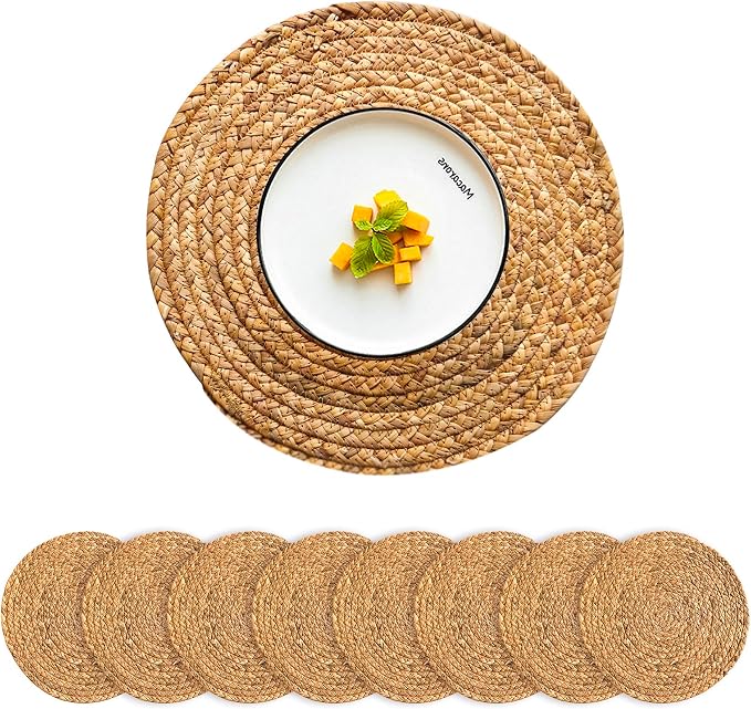 Round Placemats Set of 8 Natural Woven Rattan Placemats, Braided Boho Farmhouse by CYSISTERS