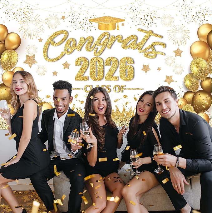Gold and White Graduation Decorations Congrats Class of 2026 Banner - Image 2
